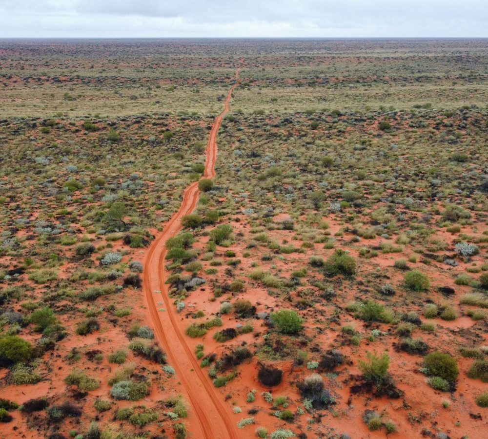 Explore the vast and rugged Australian Outback with this stunning aerial view showcasing a remote dirt road stretching to the horizon.
