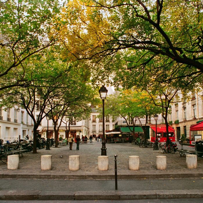 Scenic view of a quaint Parisian plaza with autumn trees and bustling cafes.